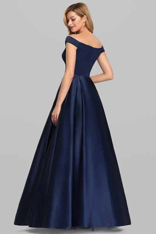 Navy Blue Satin Off-the-Shoulder Long Evening Gowns-BallBride