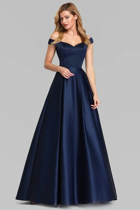 Navy Blue Satin Off-the-Shoulder Long Evening Gowns-BallBride