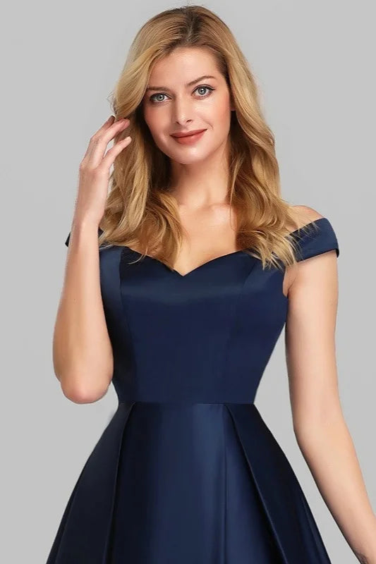 Navy Blue Satin Off-the-Shoulder Long Evening Gowns-BallBride
