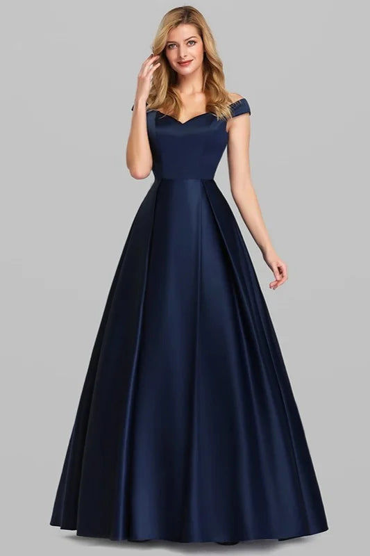 Navy Blue Satin Off-the-Shoulder Long Evening Gowns-BallBride