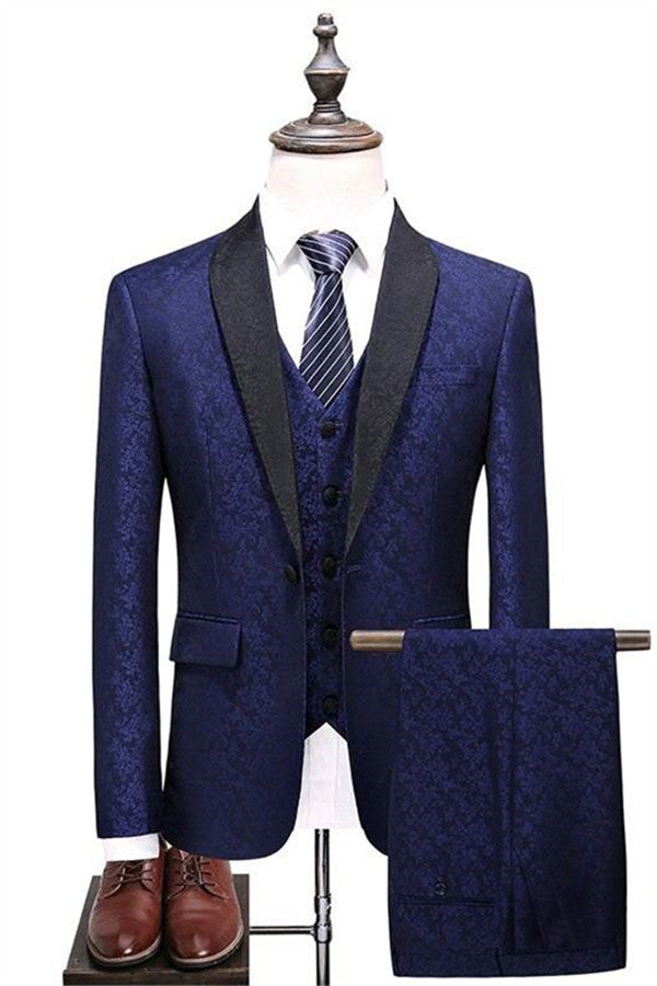 Navy Blue Three Pieces Groomsman Suit Tuxedo with Shawl Lapel-BallBride