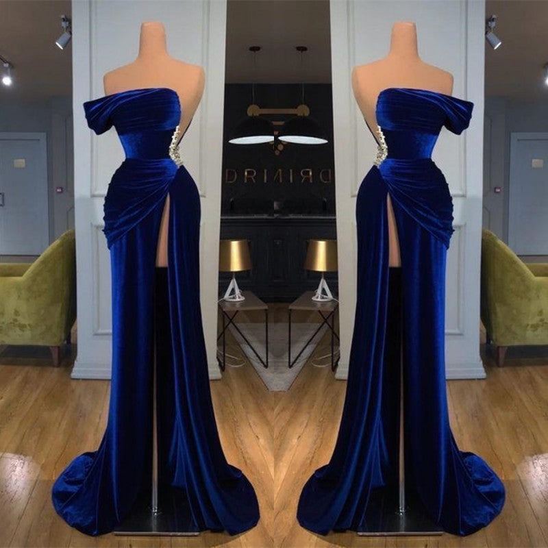 Navy Blue Velvet One Shoulder Ruffles Prom Dress with Crystal-BallBride