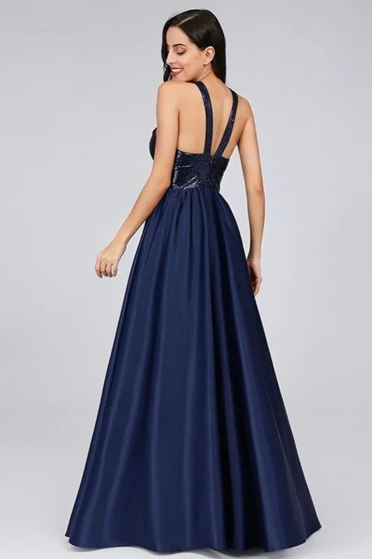 Navy Halter Sequins Prom Dress Long A-Line Evening Gowns-BallBride