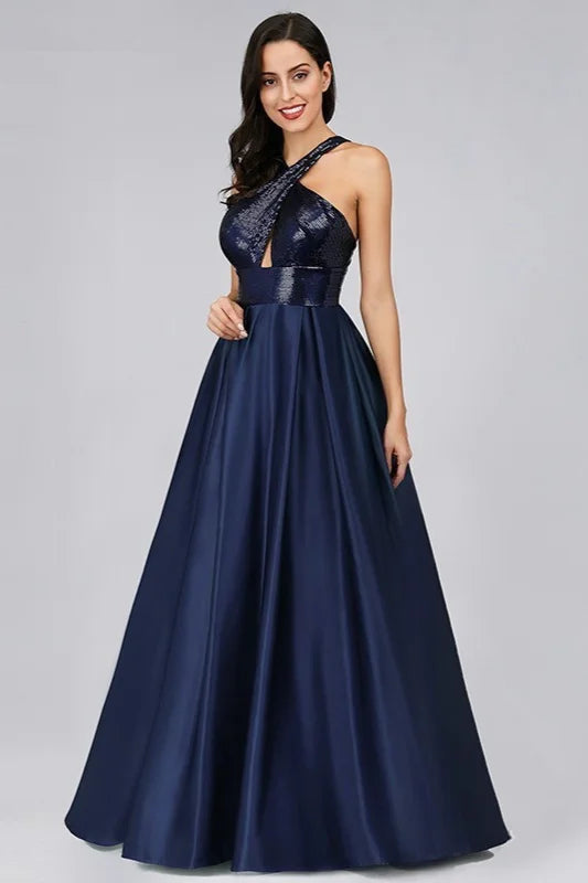 Navy Halter Sequins Prom Dress Long A-Line Evening Gowns-BallBride
