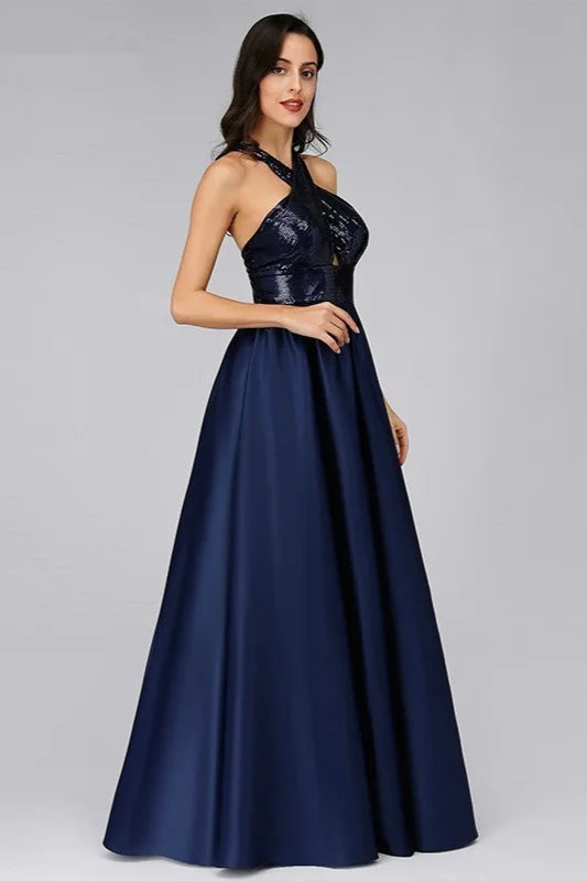 Navy Halter Sequins Prom Dress Long A-Line Evening Gowns-BallBride
