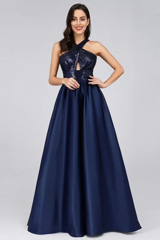 Navy Halter Sequins Prom Dress Long A-Line Evening Gowns-BallBride