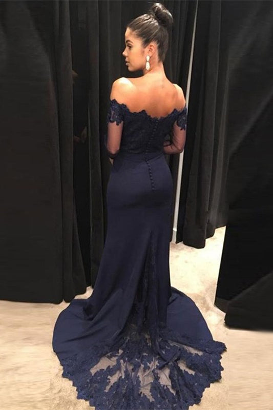 Navy Long Sleeves Off-the-Shoulder Evening Dress with Lace Appliques-BallBride