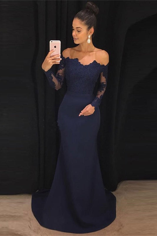 Navy Long Sleeves Off-the-Shoulder Evening Dress with Lace Appliques-BallBride