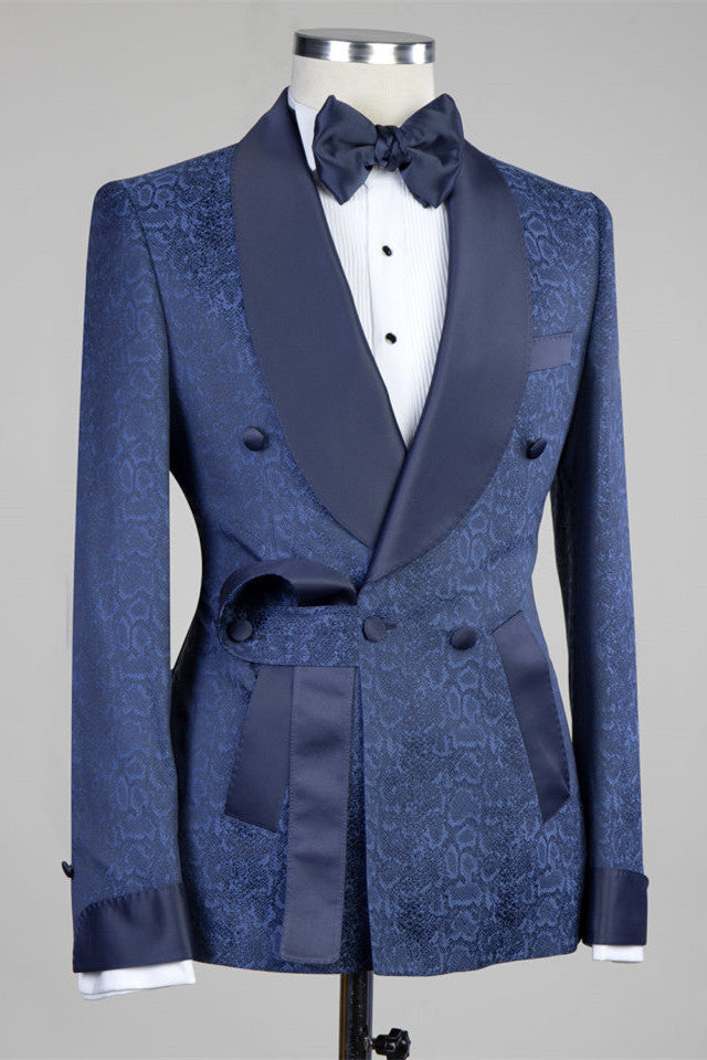 Nelson Dark Navy Slim Fit Double Breasted Wedding Suits for Men-BallBride
