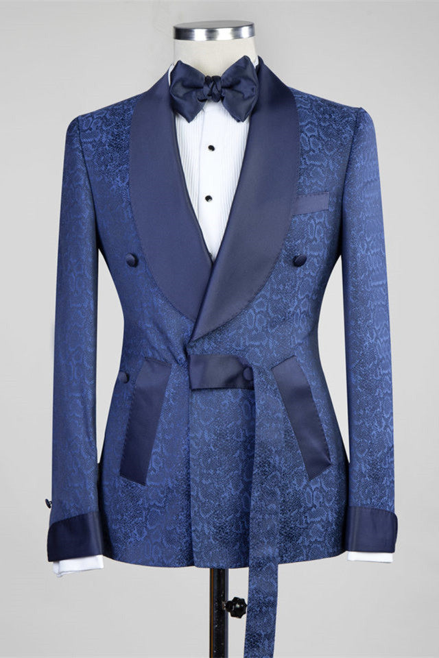 Nelson Dark Navy Slim Fit Double Breasted Wedding Suits for Men-BallBride