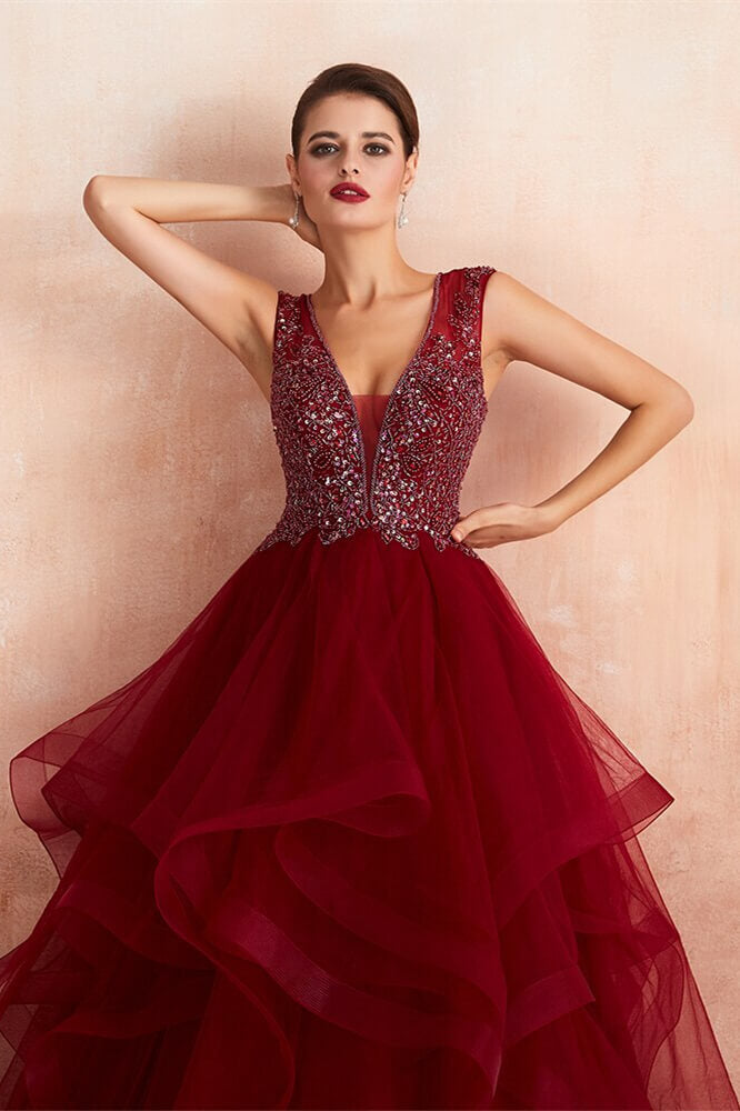 New Arrival: Burgundy V-Neck Prom Dress With Beads and Tulle Long Skirt-BallBride