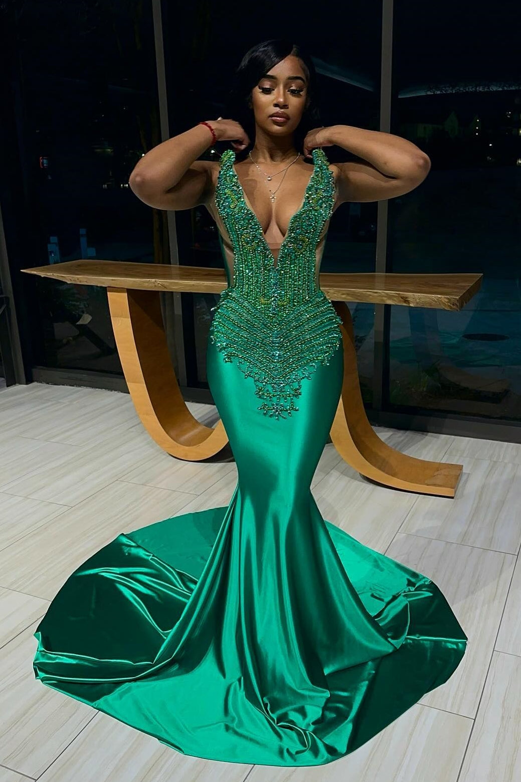 New Arrival Green Halter Lace Up Mermaid Crystal Prom Dresses-BallBride