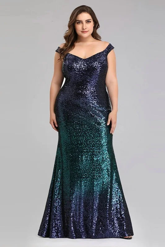 New Arrival Plus Size Prom Dress Sequins Mermaid Long Evening Gowns-BallBride