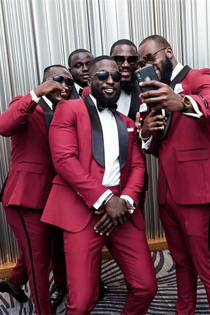 New Arrival Red Bespoke Shawl Lapel Groomsmen Suits for Wedding Prom-BallBride