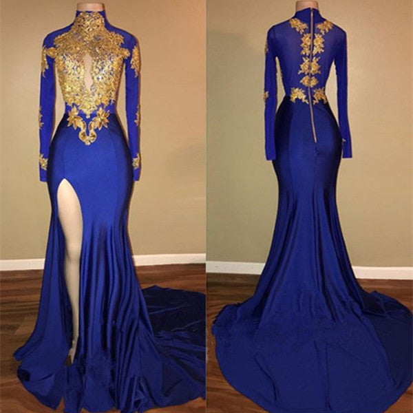 New Arrival Royal Blue Long Sleeve Good Appliques High Neck Prom Dress-BallBride