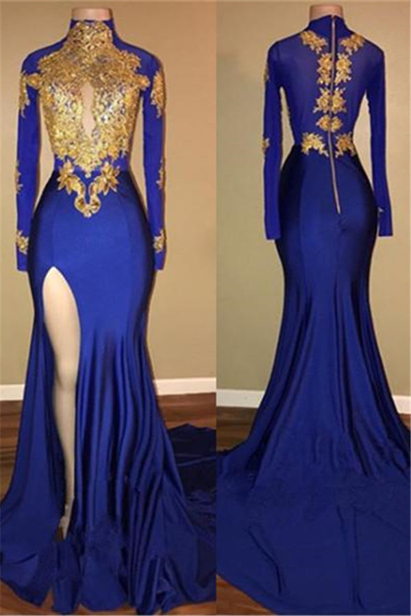 New Arrival Royal Blue Long Sleeve Good Appliques High Neck Prom Dress-BallBride