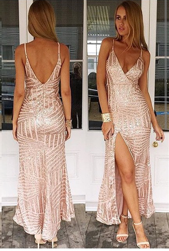 New Arrival Sequins Spaghetti Straps Side Slit Prom Dress-BallBride