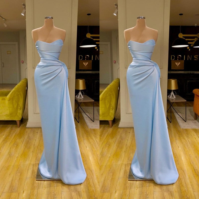 New Arrival Sky Blue Sheath Ruffles Sweetheart Prom Dress-BallBride