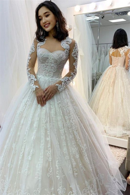 New Arrival Sweetheart Wedding Dress Ball Gown With Appliques and Long Sleeves-BallBride