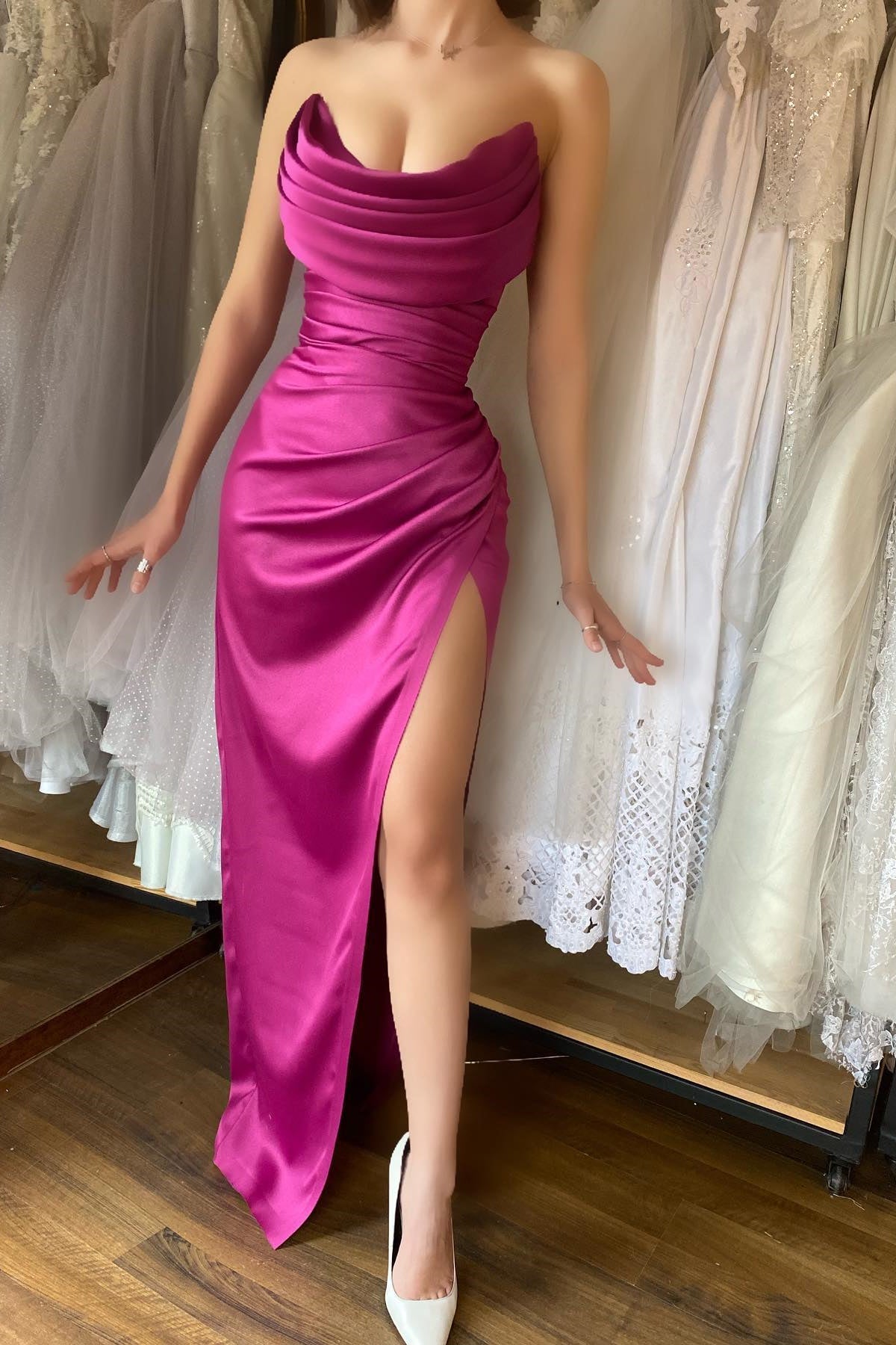 New Fuchsia Sweetheart Mermaid Prom Dress With Split & Pleats-BallBride