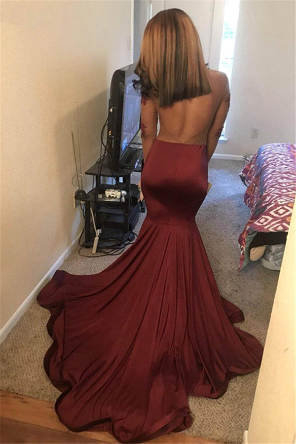 Newest Burgundy Long Sleeve Appliques Open Back Prom Dress-BallBride