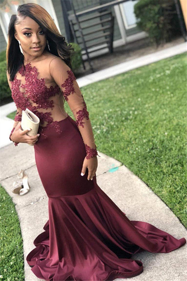 Newest Burgundy Long Sleeve Appliques Open Back Prom Dress-BallBride