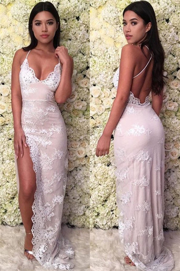 Newest Pink Lace Spaghetti Straps Sheath Side Slit Prom Dress-BallBride