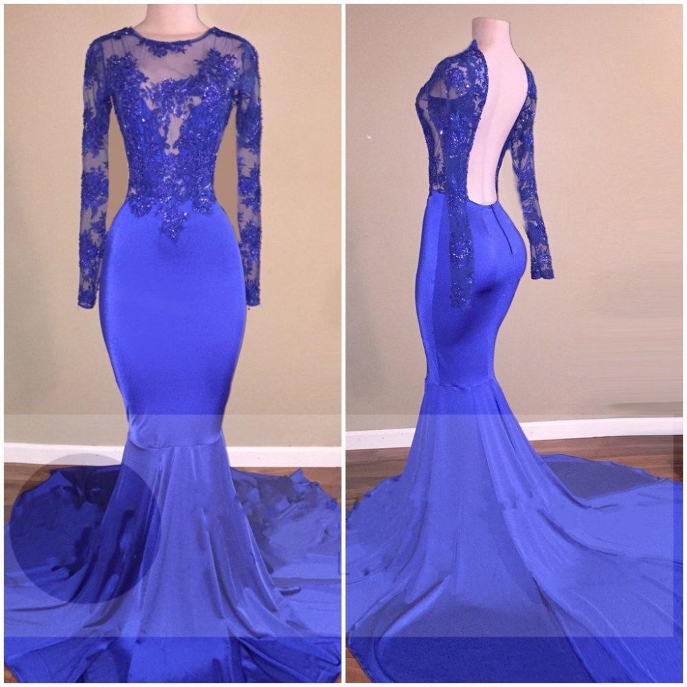 Newest Royal Blue Long Sleeves Backless Mermaid Appliques Prom Dress-BallBride
