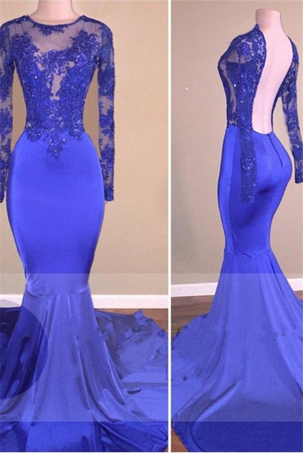 Newest Royal Blue Long Sleeves Backless Mermaid Appliques Prom Dress-BallBride