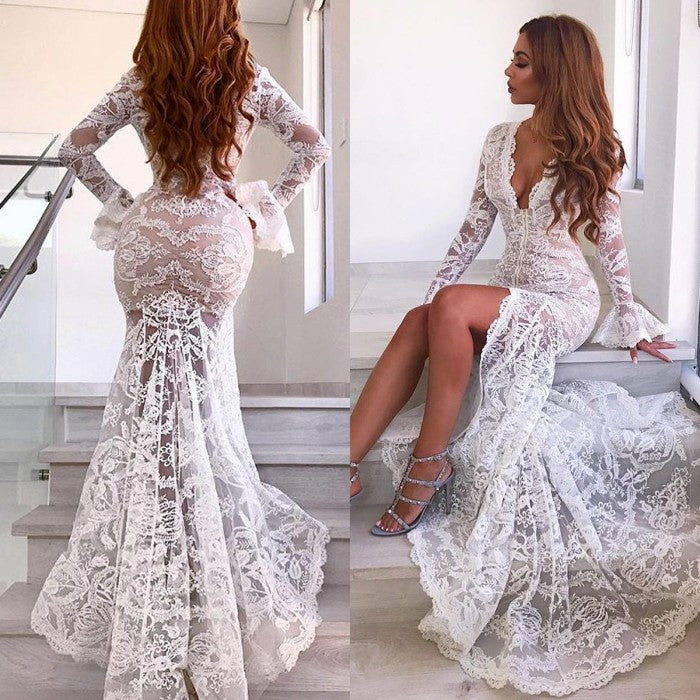 Newest White Lace V-Neck Long Sleeve Front-Split Prom Dress-BallBride
