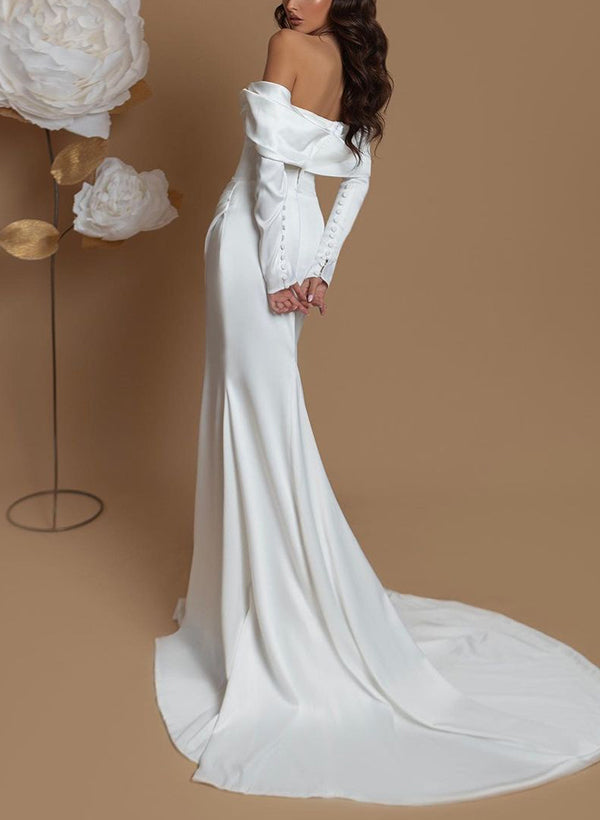 Off-Shoulder Long Sleeves Sweep Train Wedding Dresses-Ballbride