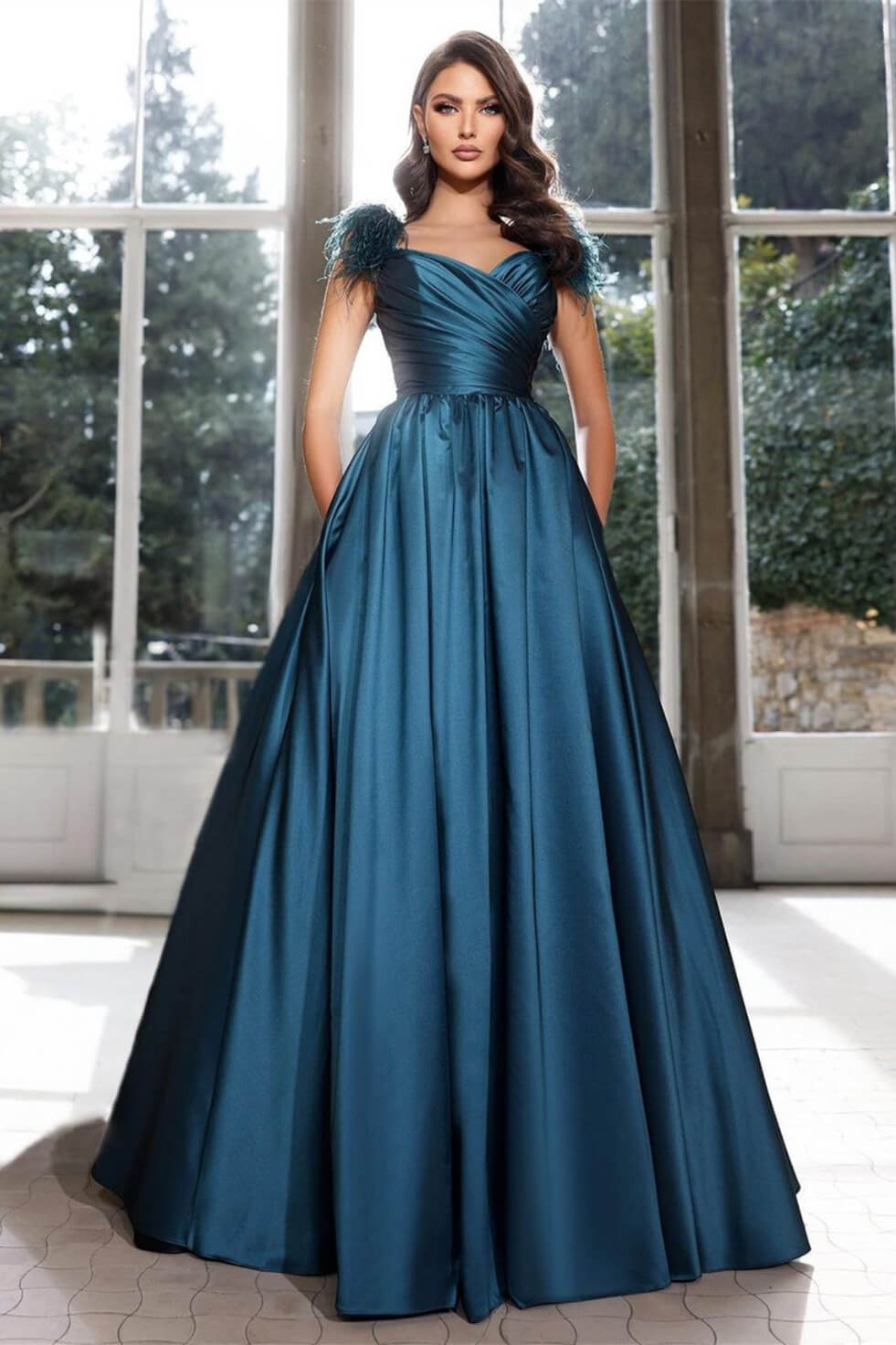 Off The Shoulder A-Line Ruched Satin Floor Length Prom Dress with Fur-BallBride