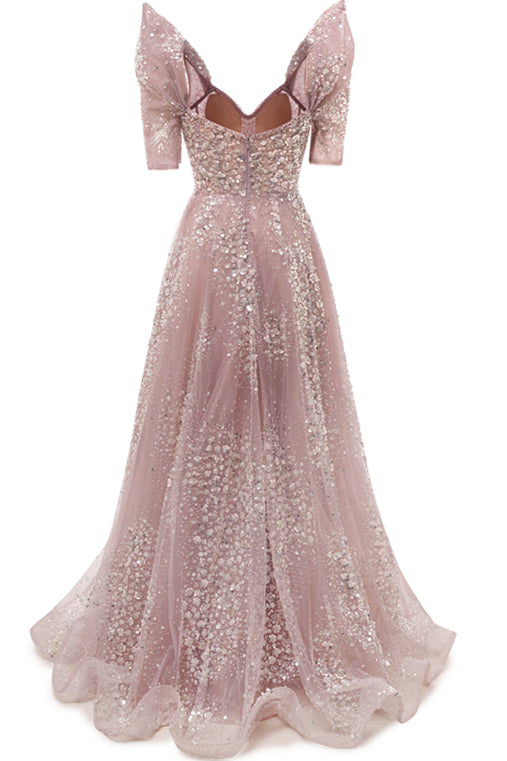 Off the shoulder Dusty Pink A-line Belt Evening Dresses-BallBride