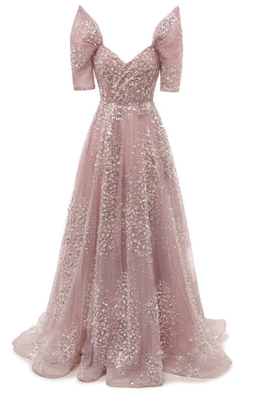 Off the shoulder Dusty Pink A-line Belt Evening Dresses-BallBride