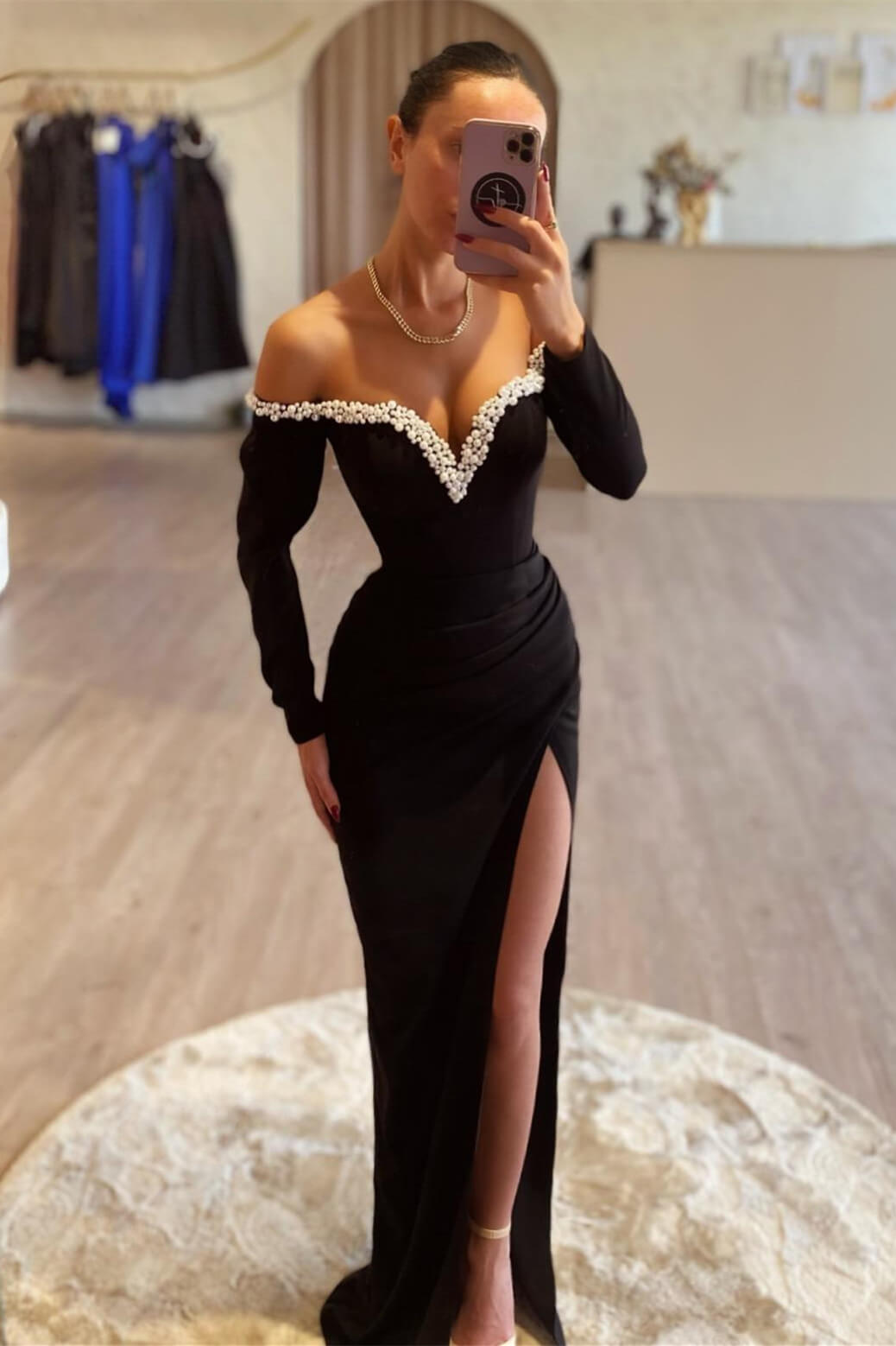 Off The Shoulder Long Sleeve V-Neck Mermaid Prom Dress with Slit and Ruffles-BallBride