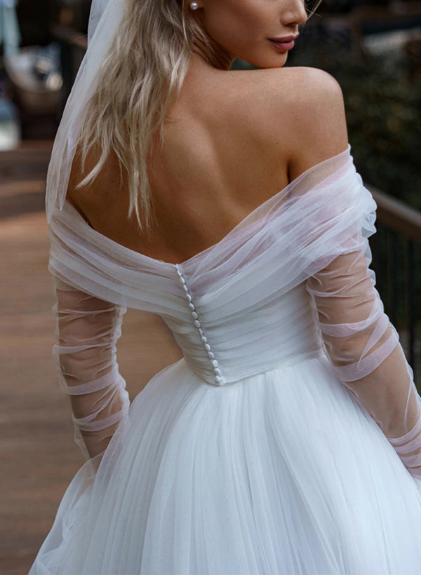 Off-The-Shoulder Long Sleeves Sweep Train Tulle Wedding Dresses-Ballbride