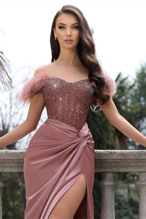 Off The Shoulder Mermaid Draped Satin Prom Dress with Fur and Beads-BallBride