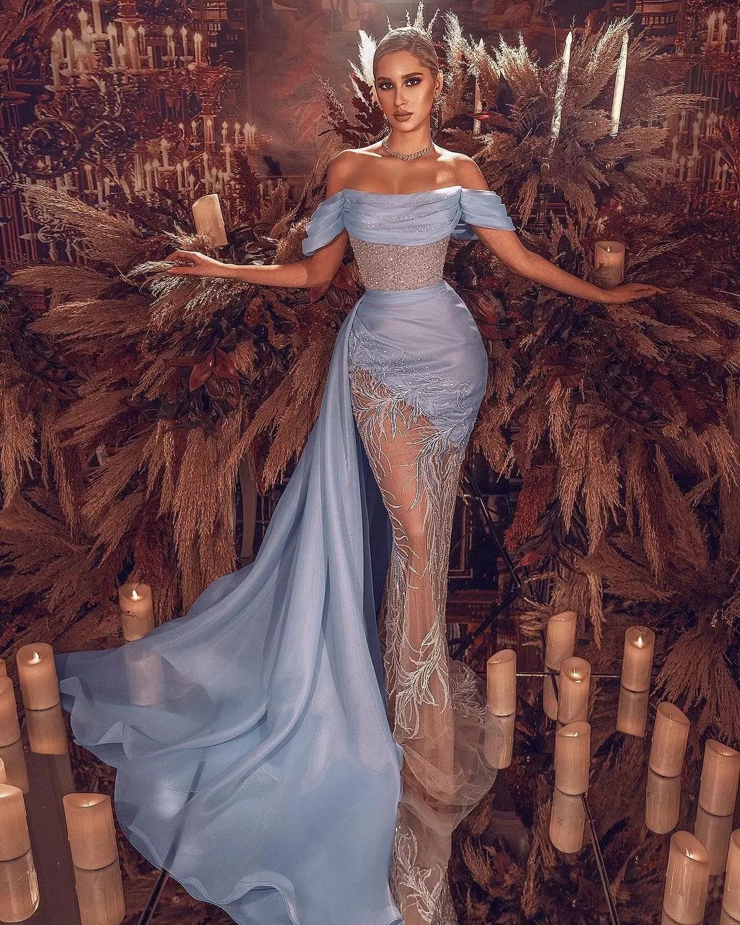 Off The Shoulder Mermaid Draped Tulle Prom Dress with Appliques-BallBride