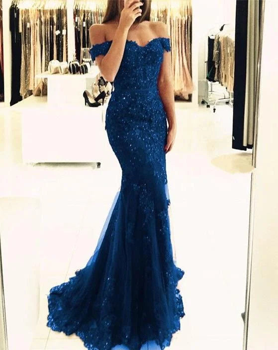 Off-the-Shoulder Mermaid Lace Appliques Long Evening Gowns-BallBride