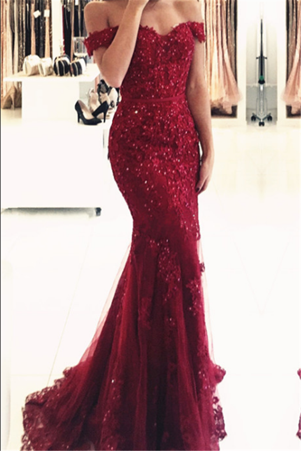 Off-the-Shoulder Mermaid Lace Appliques Long Evening Gowns-BallBride