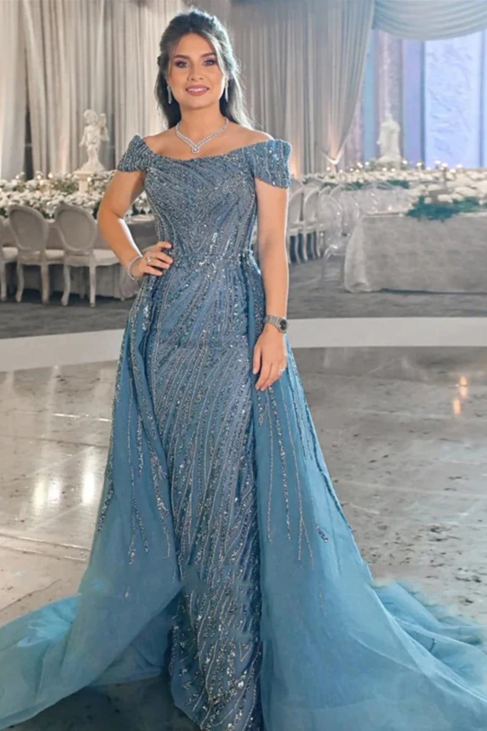 Off The Shoulder Mermaid Long Prom Dress with Beadings and Sequins-BallBride