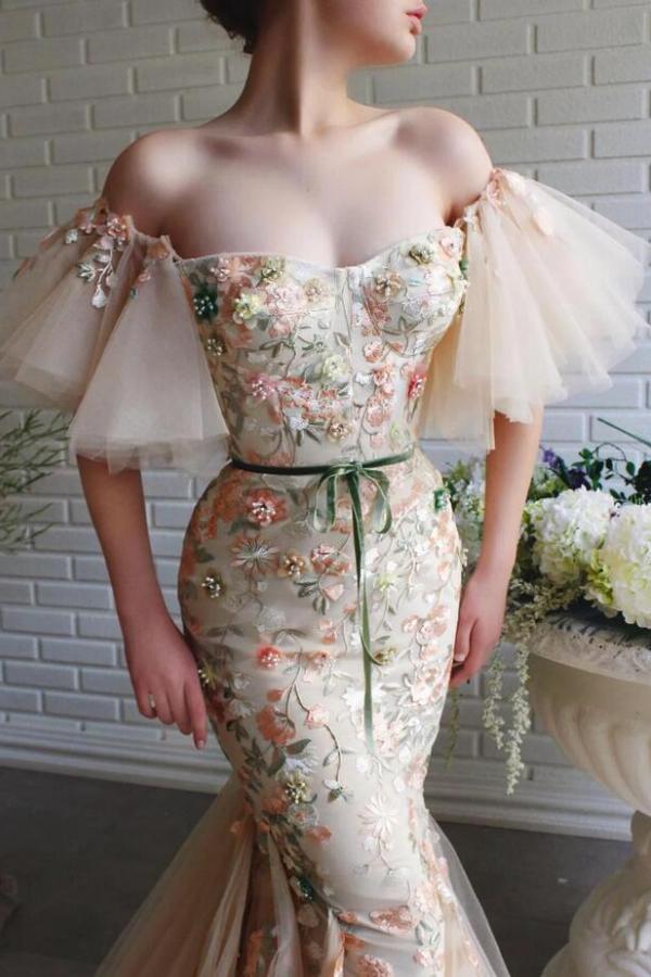 Off The Shoulder Open Back Mermaid Long Embroidery Satin Prom Dress-BallBride