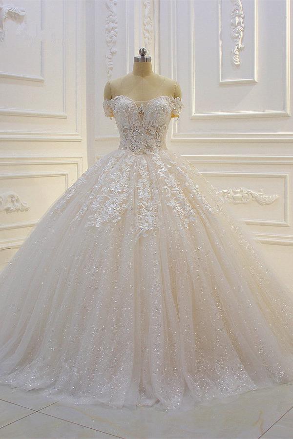 Off-The-Shoulder Sequin Wedding Dress With Sweetheart Neckline and Appliques Lace-BallBride