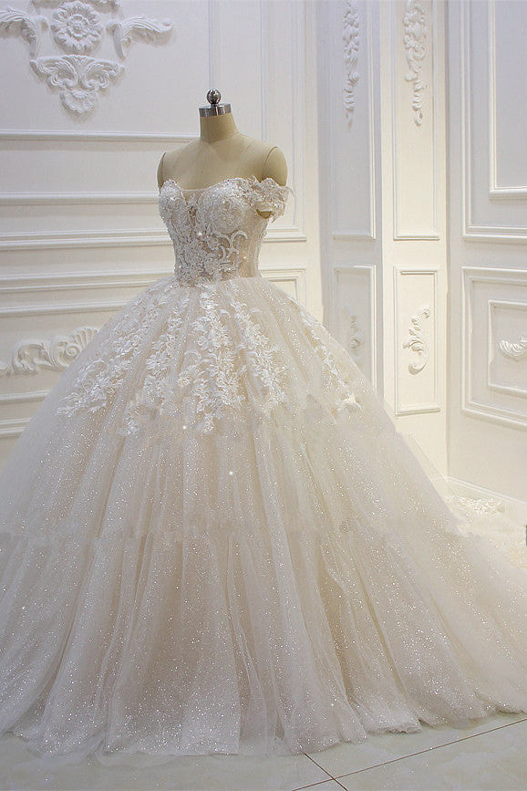 Off-The-Shoulder Sequin Wedding Dress With Sweetheart Neckline and Appliques Lace-BallBride
