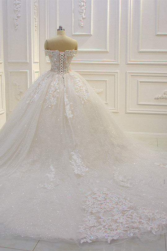 Off-The-Shoulder Sequin Wedding Dress With Sweetheart Neckline and Appliques Lace-BallBride