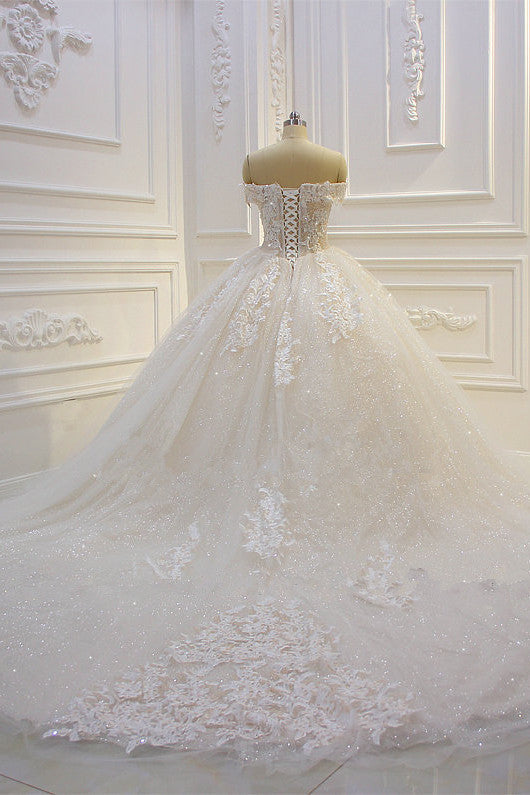 Off-The-Shoulder Sequin Wedding Dress With Sweetheart Neckline and Appliques Lace-BallBride
