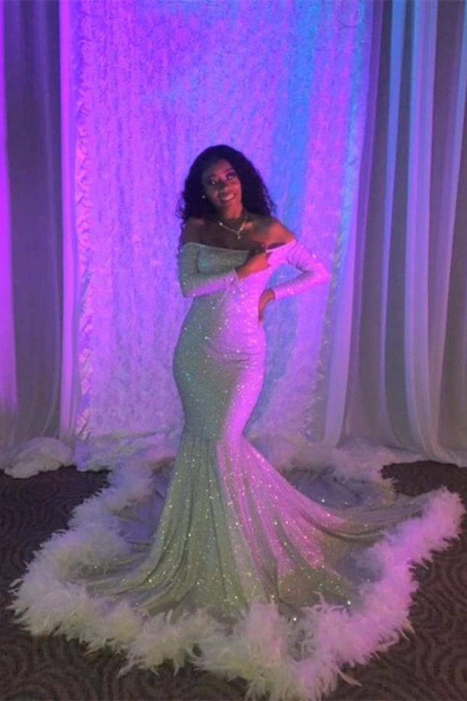 Off-the-Shoulder Sequins Long Sleeves Mermaid Prom Dress with Feathers-BallBride