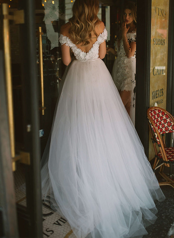 Off-The-Shoulder Sleeveless Wedding Dress Detachable Sheath Fitted-Ballbride