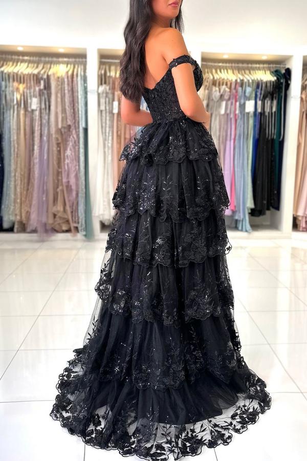 Off The Shoulder Sweetheart Lace A-Line Tiered Long Prom Dress with Slit-BallBride
