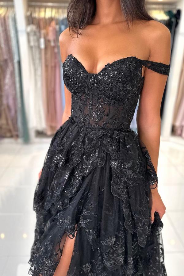 Off The Shoulder Sweetheart Lace A-Line Tiered Long Prom Dress with Slit-BallBride